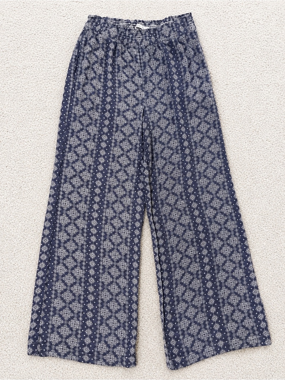 Navy Blue Patterned Wide Leg Gauzy Pants small